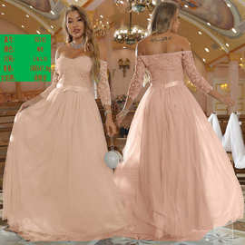 欧美跨境外贸长袖蕾丝网纱裙粉色中腰婚纱礼服婚礼伴娘舞会礼服