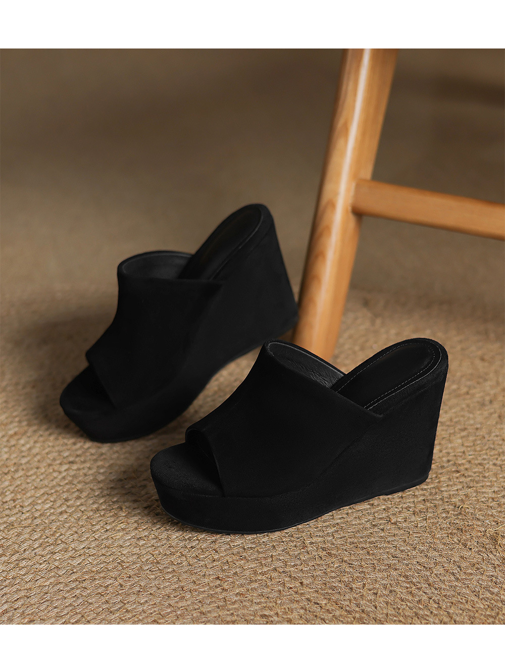 Sandal cao gót đế xuồng nữ hở mũi quai ngang gót 10 cm — Đen [da cừu] chi tiết 14