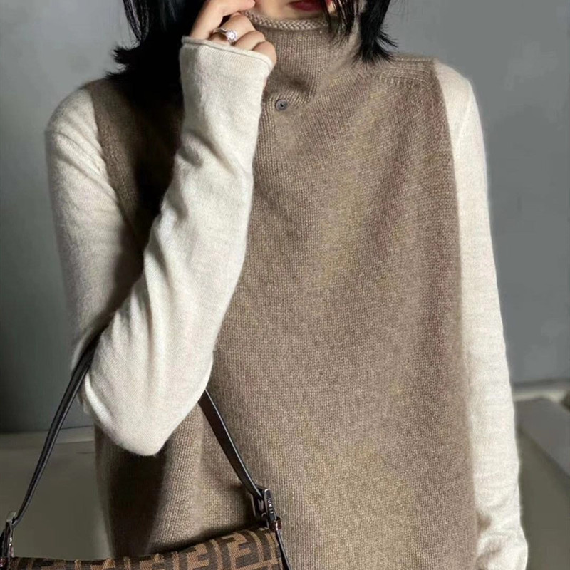 Autumn and Winter New Style Vest Women's Knitted High Collar Button Sleeveless Top Loose Slimming Knitted Waistcoat Sweater