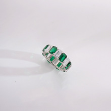 大排钻戒指时尚绿钻祖母绿切割方形整圈钻戒指s925银大钻戒食指戒