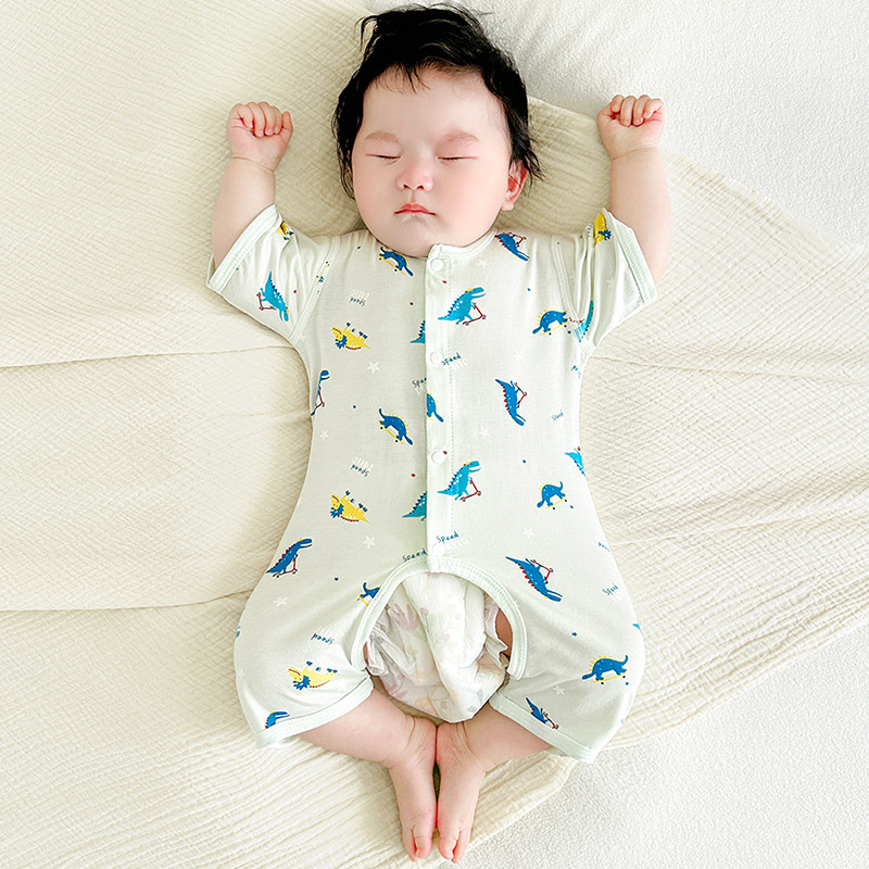 Mono de verano para bebés, mampara de entrepierna abierta de manga corta delgada para recién nacidos, pijamas de verano para niños pequeños para hombres y mujeres, ropa para bebés