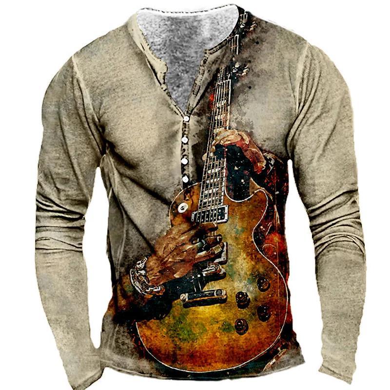 2022 retro hombres 3D digital placket abierto de siete botones Camiseta de manga larga de los hombres de guitarra patrón transfronterizo estación independiente