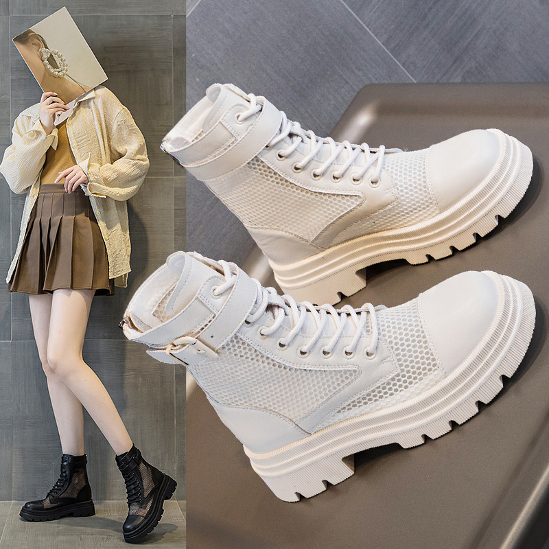 재고 두꺼운 밑창 마틴 부츠 여자 2024 년 여름 새 스타일 메쉬 통기성 쇼트 부츠 여자 올매치 두꺼운 힐 미드 배럴 얇은 부츠