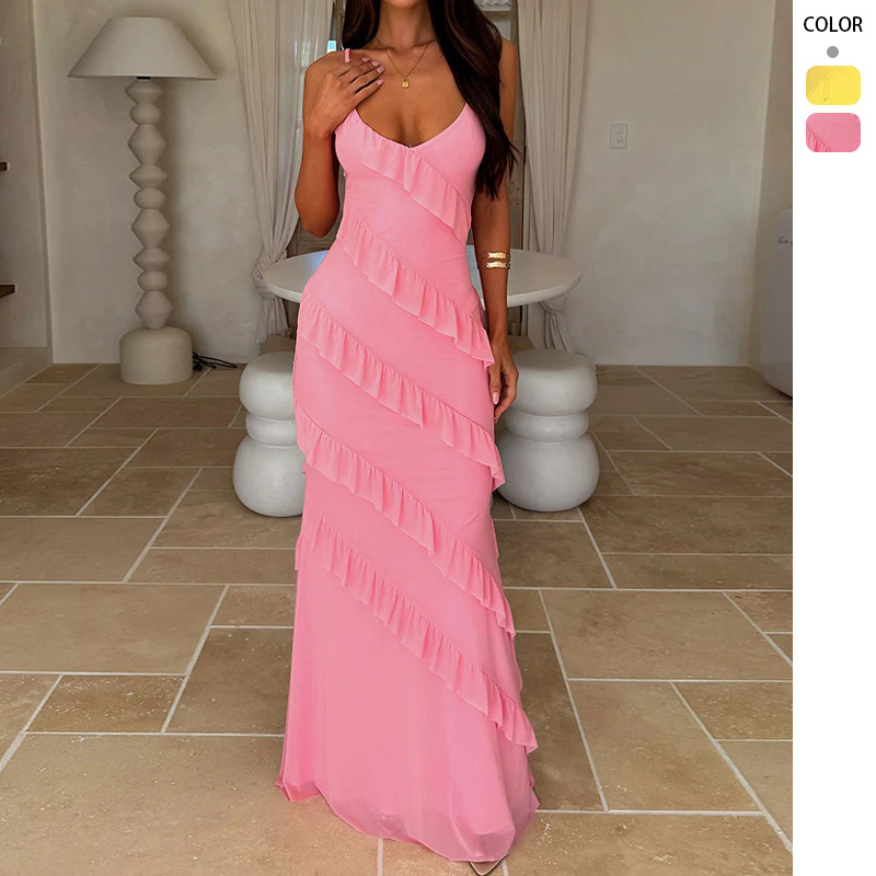 European and American Style 2026 Spring/Summer Sexy Backless Spaghetti Strap V-Neck Off-Shoulder Wave-Cut Slim-Fit Side Slit Long Dress