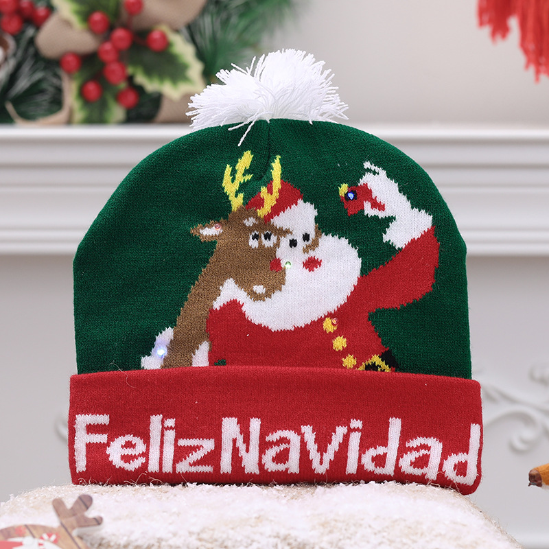 Transfronterizo nuevo luminoso sombrero de navidad niños adultos otoño e invierno cálido europeo y americano jersey de punto sombrero de lana impresa sombrero