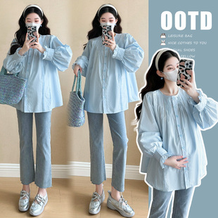 Pregnant Women's Fashion Korean All-match 2025 New Spring Elegant Round Neck Puff Sleeve Shirt Top Stacked Inner