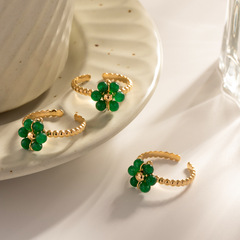 歐美ins風戒指綠天然石太陽花可調節戒指跨境百搭鈦鋼不掉色戒指