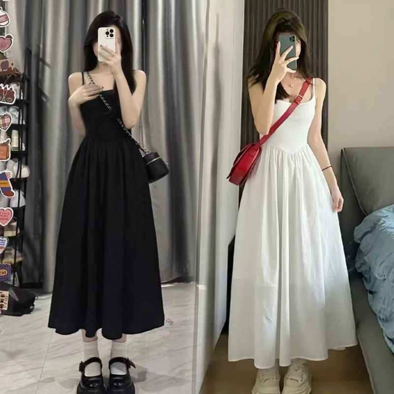 Early Spring Elegant Tight Waist Slimming Long Skirt French Style First Love Sense White Skirt Sling A- line Skirt Hepburn Style Black Skirt