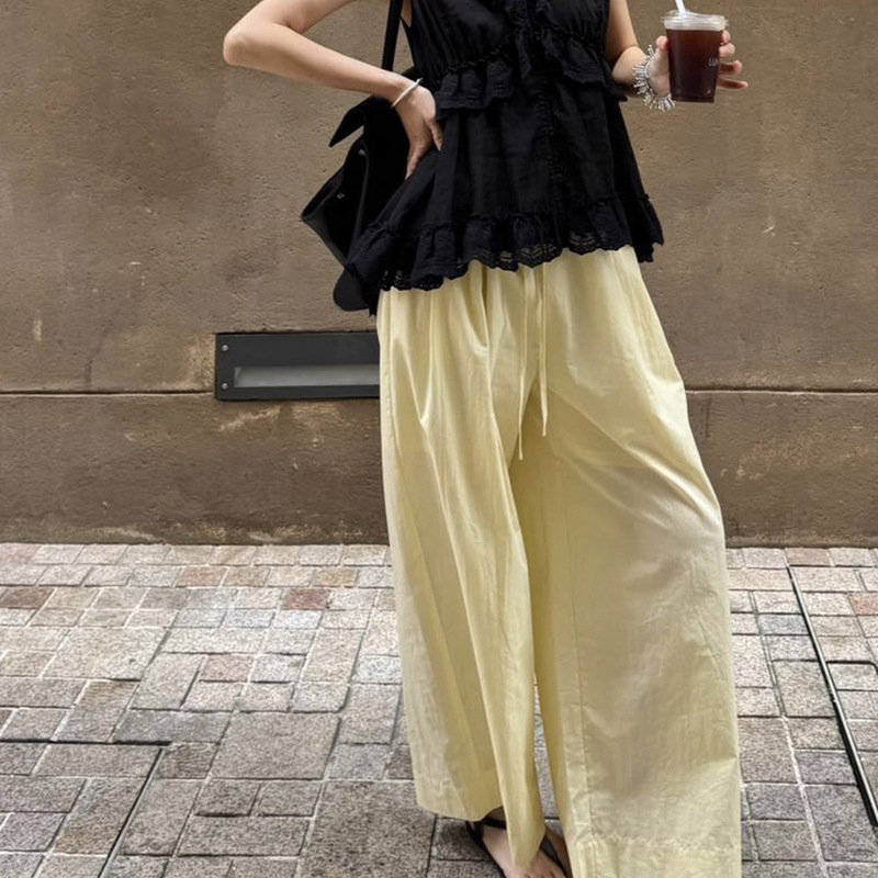 V-Neck Multi-Layered Ruffle Design with Heavy Lace Work, Sleeveless Single-Breasted Top ➕ Fresh Light Yellow Wide-Leg Pants V-Neck Multi-Layered Ruffle Design with Heavy Lace Work, Sleeveless Single-Breasted Top ➕ Fresh Light Yellow Wide-Leg Pants