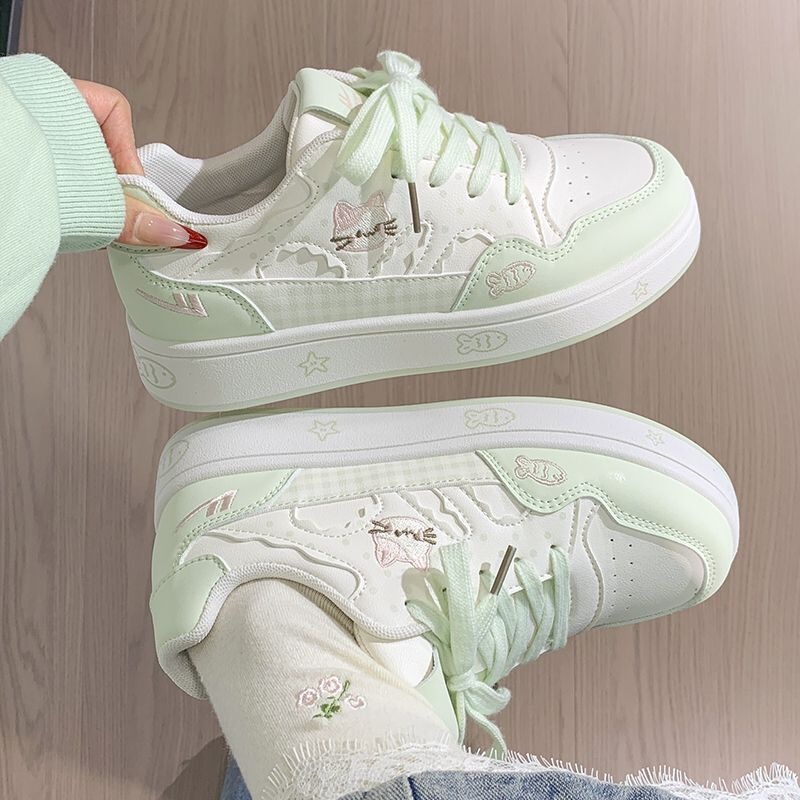 Huili 2026 Spring Beige-Green Cat and Fish Design Women's Niche Casual Shoes Thick-Soled Height-Increasing Student White Sneakers for Women Huili 2026 Spring Beige-Green Cat and Fish Design Women's Niche Casual Shoes Thick-Soled Height-Increasing Student White Sneakers for Women