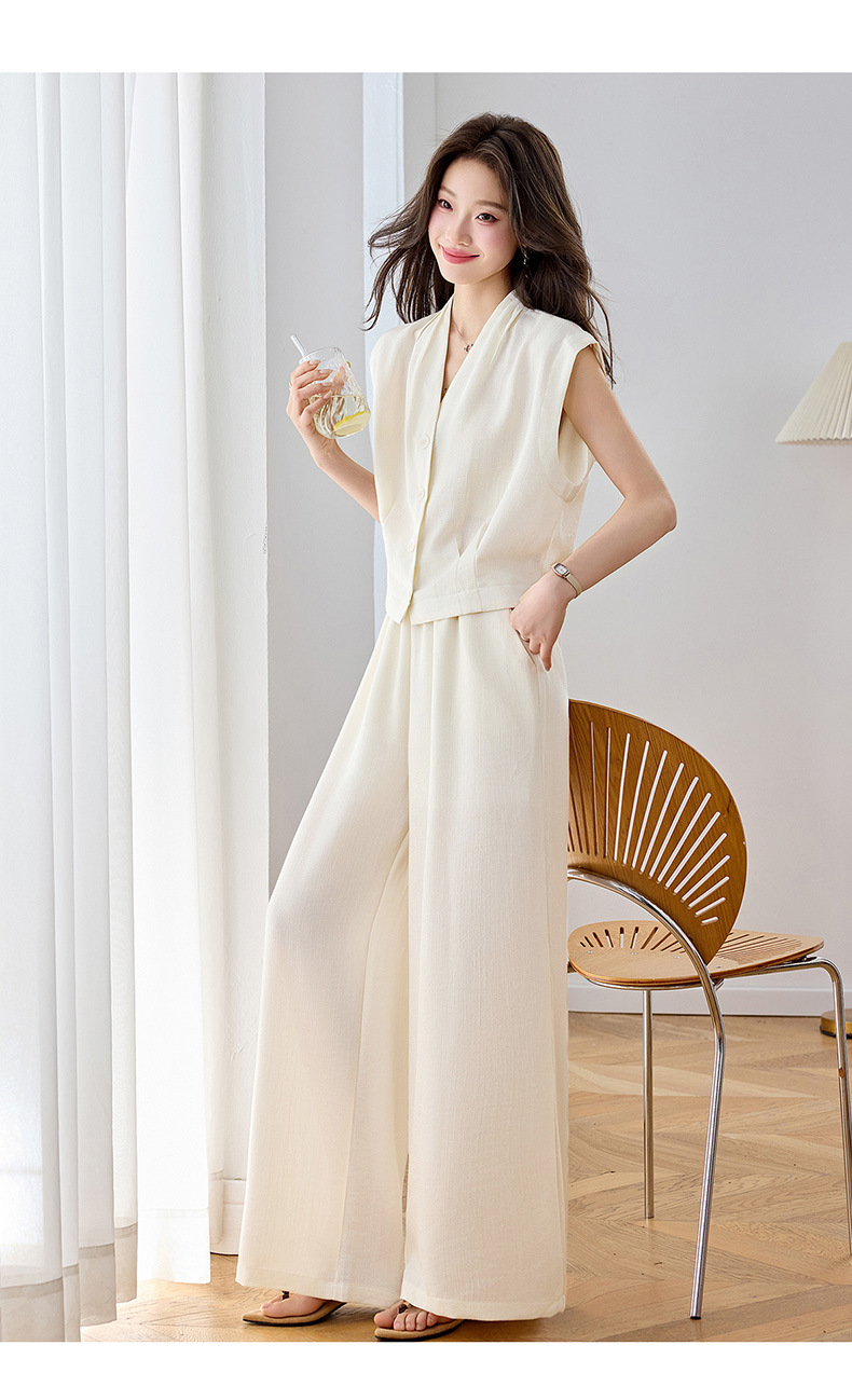 Bộ vest nữ hai dây phối quần ống rộng — màu kaki, màu trắng ngà, màu cà phê chi tiết 4