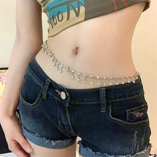 Seductive spicy girl! Diamond-embellished fringe slim waist chain women's sweet cool body chain summer fashion versatile accessories