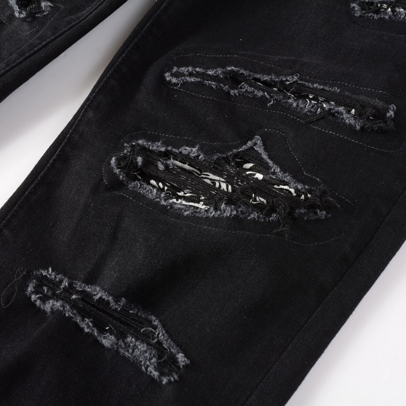 Herrenbekleidung Jeans Herren Cashew Blumen Patch Street Fashion Marke Slim Fit Röhrenjeans mit Löchern_voghion.com