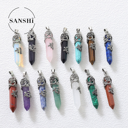 Cross-border supply of natural stone crystal rose hexagonal column pendant plum blossom pattern bullet hexagonal cone pendulum