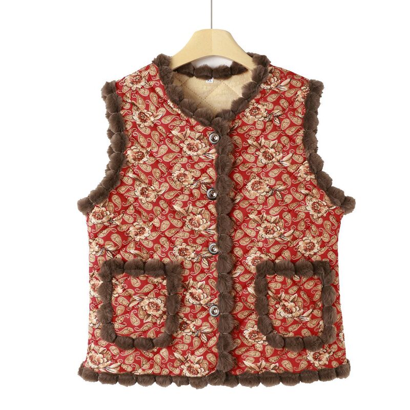 Autumn and Winter Vest for Middle-Aged and Elderly Mothers, Quilted and Velvet Thick Vest, New Style, Sleeveless, Grandma Fashion, Warm Vest