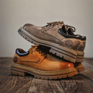 2024 spring new leather shoes men's low-top Martin boots British retro height increasing mid heel brushed casual all-matching men's shoes