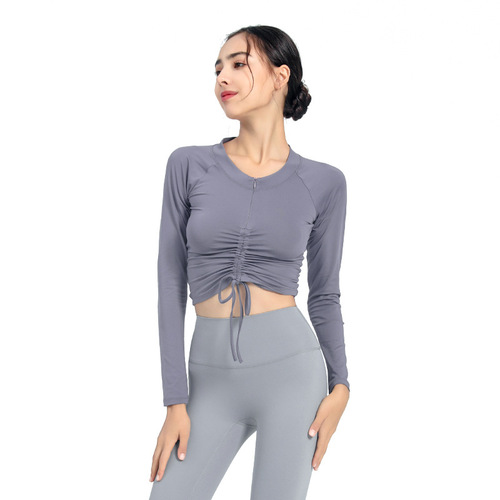 European and American carefully selected yoga sports tops for women, tight-fitting drawstring yoga clothes, long-sleeved T-shirts, autumn and winter running fitness clothes