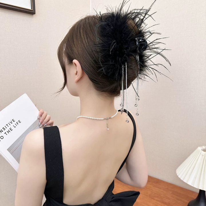超仙流苏闪钻羽毛抓夹女2025优雅气质后脑勺鲨鱼夹子秋冬头饰|undefined