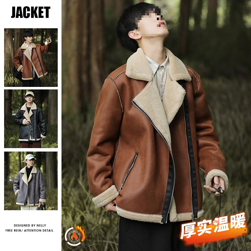 Cross-Border Wholesale Leather Jacket Autumn and Winter New Suede Jacket Men's Lightweight Warm Trendy Men's Cotton Jacket Cashmere
