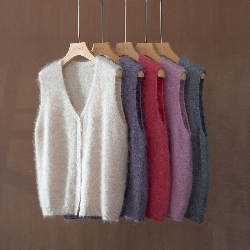 Women's loose-fitting V-neck cardigan made of mulberry silk, sheep wool, and cashmere, with a brushed finish, for autumn