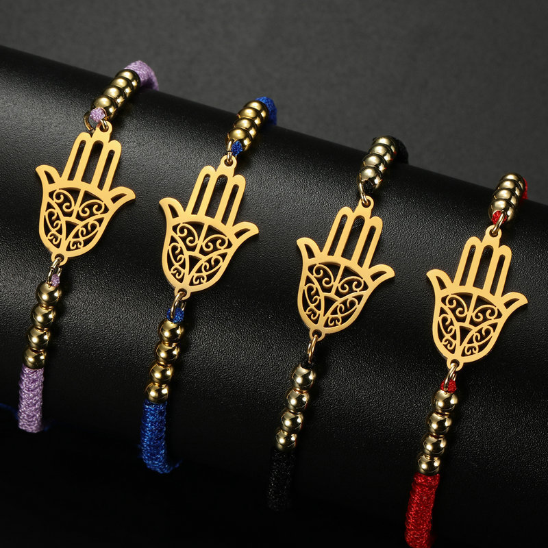 Stainless Steel Tendril Pattern Palm Pendant Charm Bracelet Men Women Red Black Rope Bracelet Amulet Jewelry Gifts