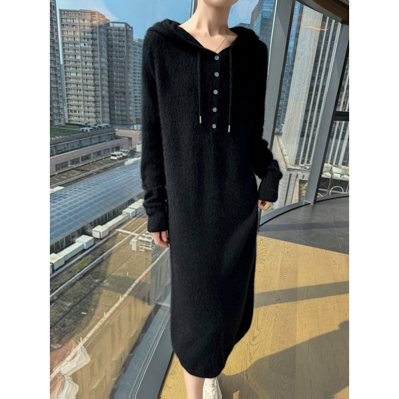 2025 Autumn and Winter New Pure Mink Velvet Hooded Half-Open Knitted Dress with Buttons, Solid Color, High-Waisted, Warm Mid-Length Dress