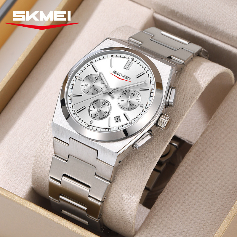 Momento de belleza multifuncional cronógrafo hombre correa de acero reloj de negocios impermeable calendario único reloj de cuarzo transfronterizo al por mayor