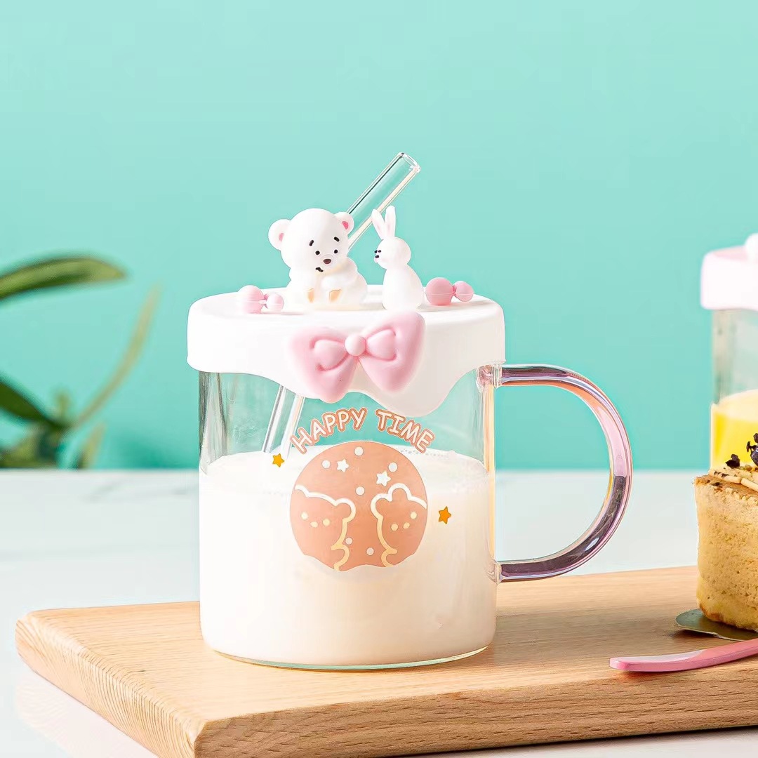 Animal lindo de la historieta vidrio transparente con tapa silicona personalizada taza paja Rosa chica corazón regalo