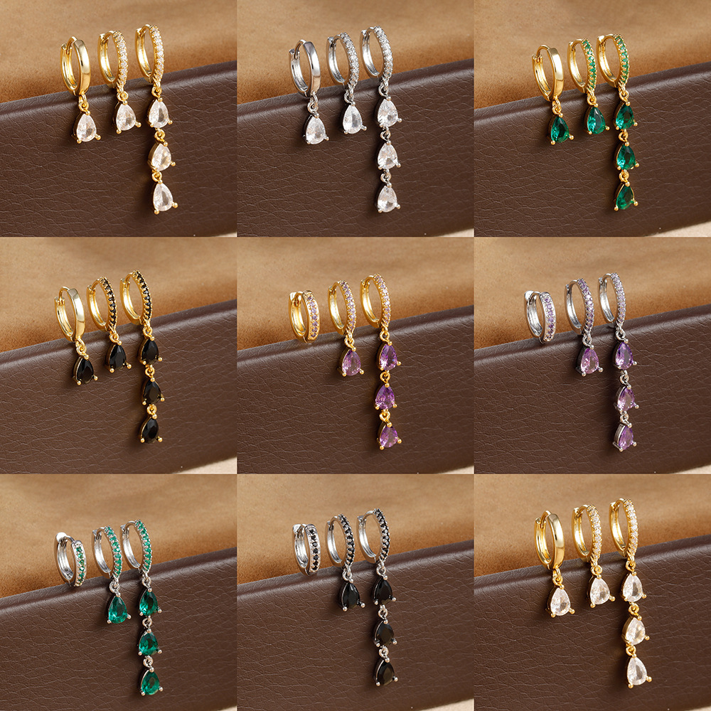 10g Weight Copper Ear Needle Material Zircon Inlay Material Earrings Classification 3 Pieces Set Quantity Daily, Street Occasion Copper Material Water Droplets Pattern Women's Gender Inlay Design Shiny, IG Style Style 3 Pieces Set IG Style Shiny Water Droplets Inlay Copper Zircon Earrings 1