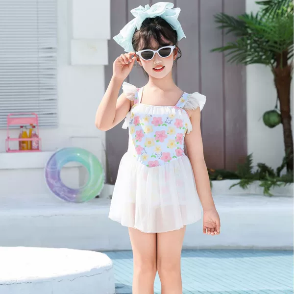 Girls' One-Piece Swimsuit with Floral Print, Cute Swimwear for Girls, Sweet Style for Older Children, Purple and Yellow Swimsuit