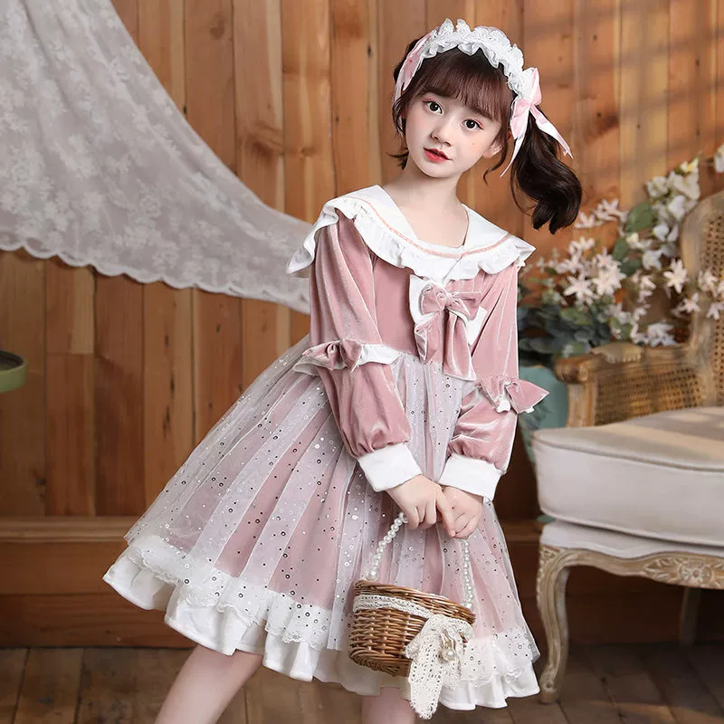 Детское платье Лолита 2024, новое осенне-зимнее бархатное, милое, модное платье принцессы Лолита для девочки