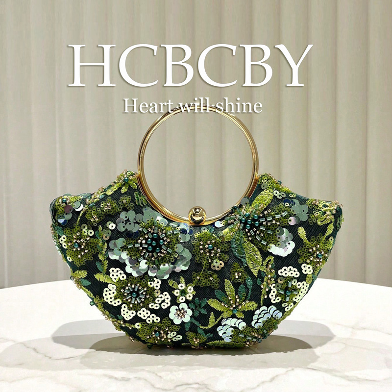 Dark green glitter sequin embroidered beaded ring handbag, women's fashionable evening dress bag