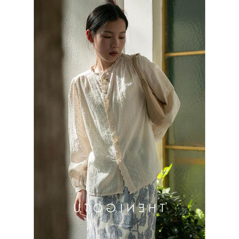 Hollow Design Lace Shirt Women's Tops 2025 Spring New Loose Casual Long-Sleeved Niche Shirt for Women