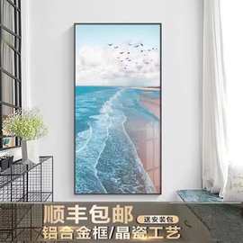 过挂画尽头客厅打孔现代免大海钻装饰画风景走廊玄关道镶壁画竖版