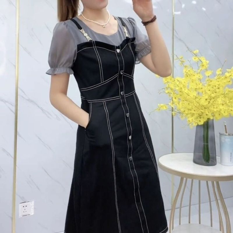 夏季收腰大摆型中长款连衣裙妈妈装减龄洋气显瘦拼接休闲短袖裙子|undefined