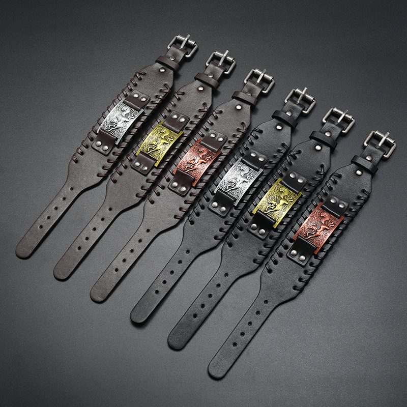 Simple retro Viking fox totem woven leather bracelet