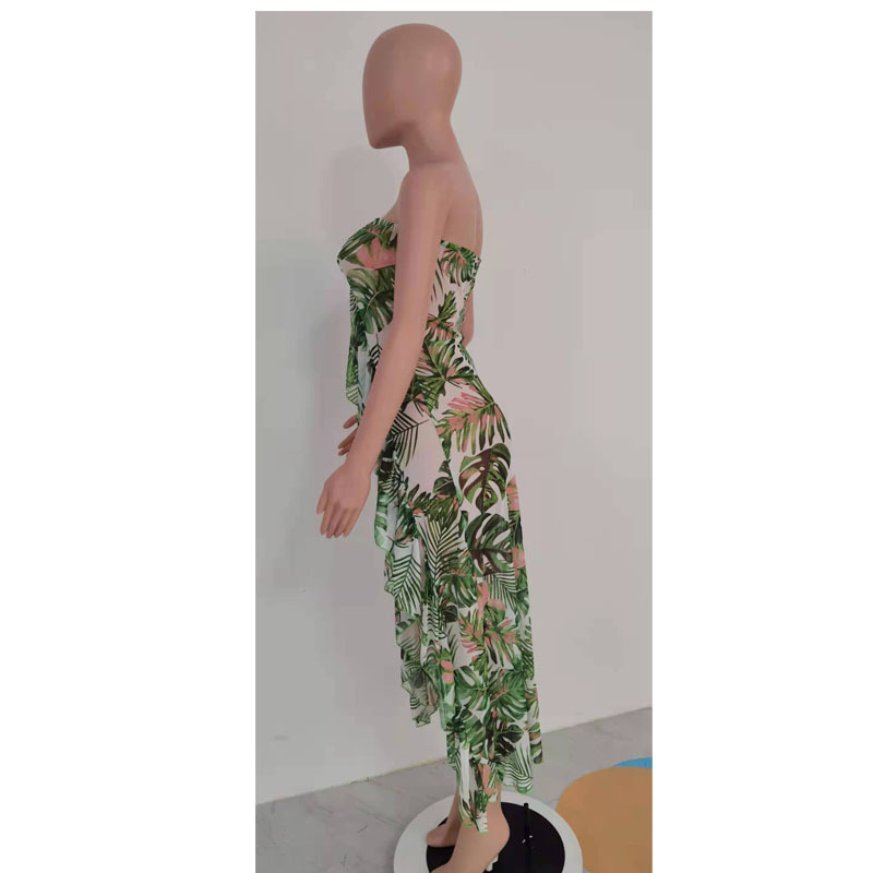 2023 verano transfronterizo costura color sólido falda irregular impreso fuera del cuello tubo superior hoja de loto sexy vestido de hendidura alta image 4