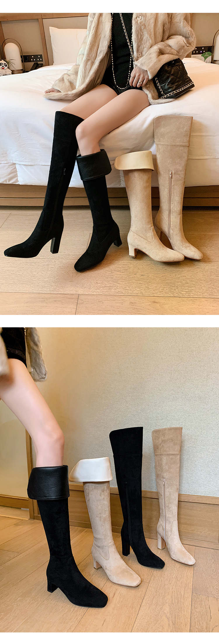 Boot nữ cổ cao quá gối mũi vuông gót thô 5 cm phong cách Hàn Quốc, có thể gập ống — Lớp lót nhung ống nhỏ màu đen 5cm chi tiết 31