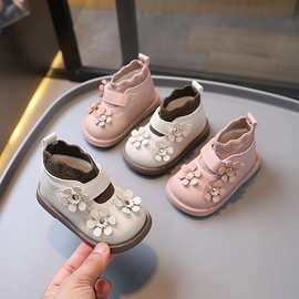 一件代发冬季新款女宝宝鞋加绒1-3岁小童公主短靴二棉软底小皮鞋