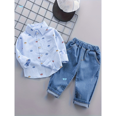 Boys' Cartoon Car Print Lapel Shirt and Long Sleeve衬衫|ms