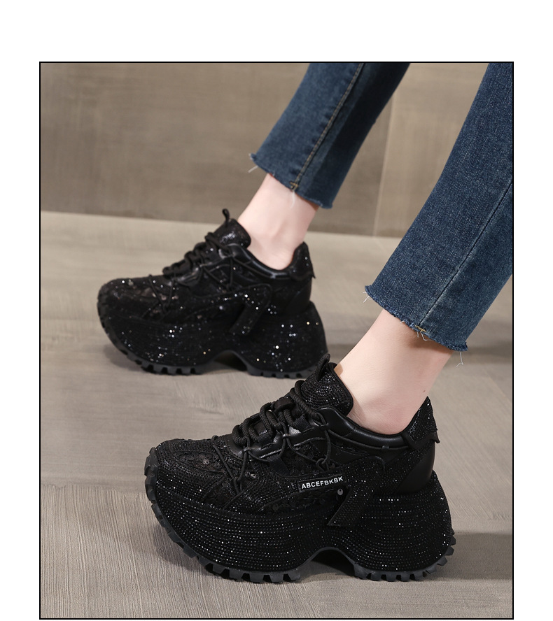 Giày sneaker nữ đế dày tăng chiều cao đính đá lưới thoáng mát — màu đen chi tiết 15