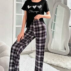 国境を越えた欧米の女性の家の服のパジャマの丸首のプリントの半袖のtシャツの上着とズボンのスーツの2つのセットの新しいです。