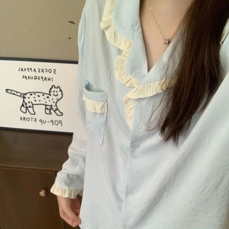 花边睡衣女春秋季云朵棉长袖长裤开衫纯色可外穿大码家居服套装|undefined