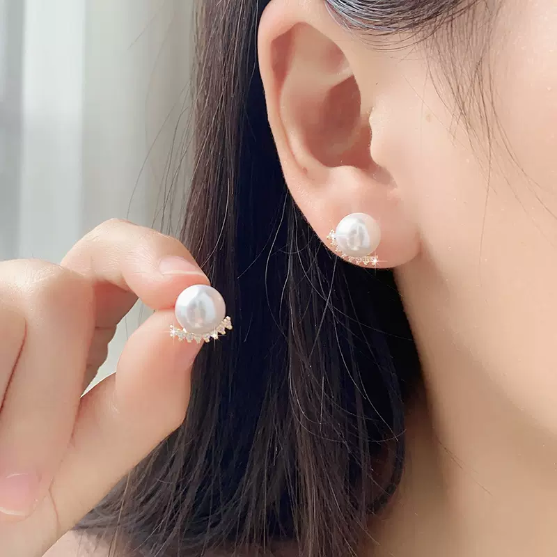 小巧精致珍珠耳钉925純银针新款2025镶锆石简约高级感日韩耳饰女