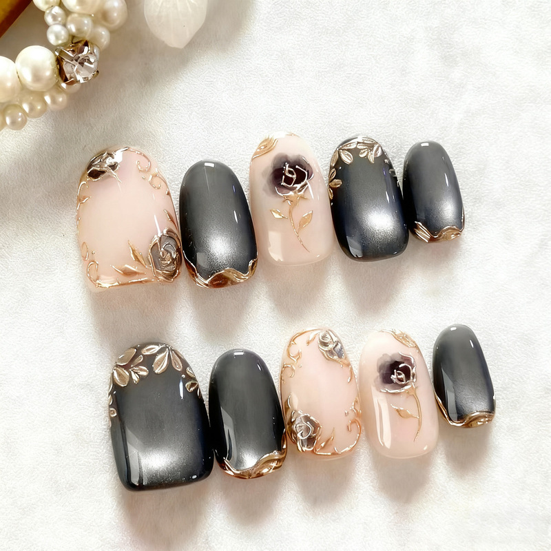 30 Pieces of Cross-Border Gilt High-Quality Almond Simple Wearable Nails 3D Stereo Black Rose French Manicure Nails