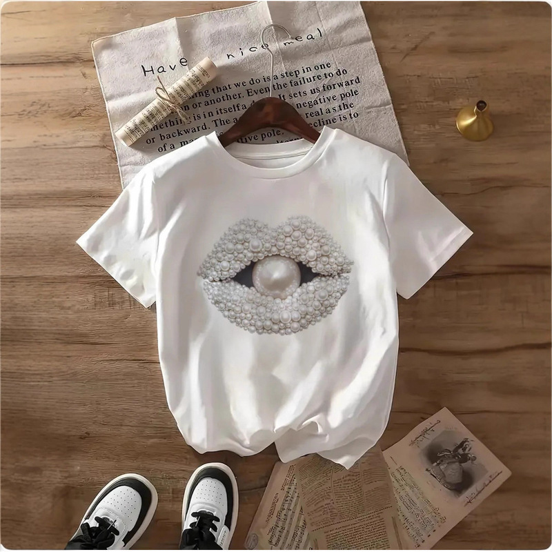 Summer Cross-Border Fun Pearl Lip Pattern Y2K Street Hip-Hop Rock Style Loose Sexy Black Beauty Style Short-Sleeve