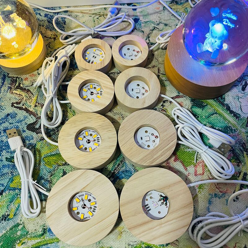 Round Wood Lamp Holder Night Light Round Crystal Ball Solid Wood Luminous Base Wooden Spot Wholesale Led Desktop Display
