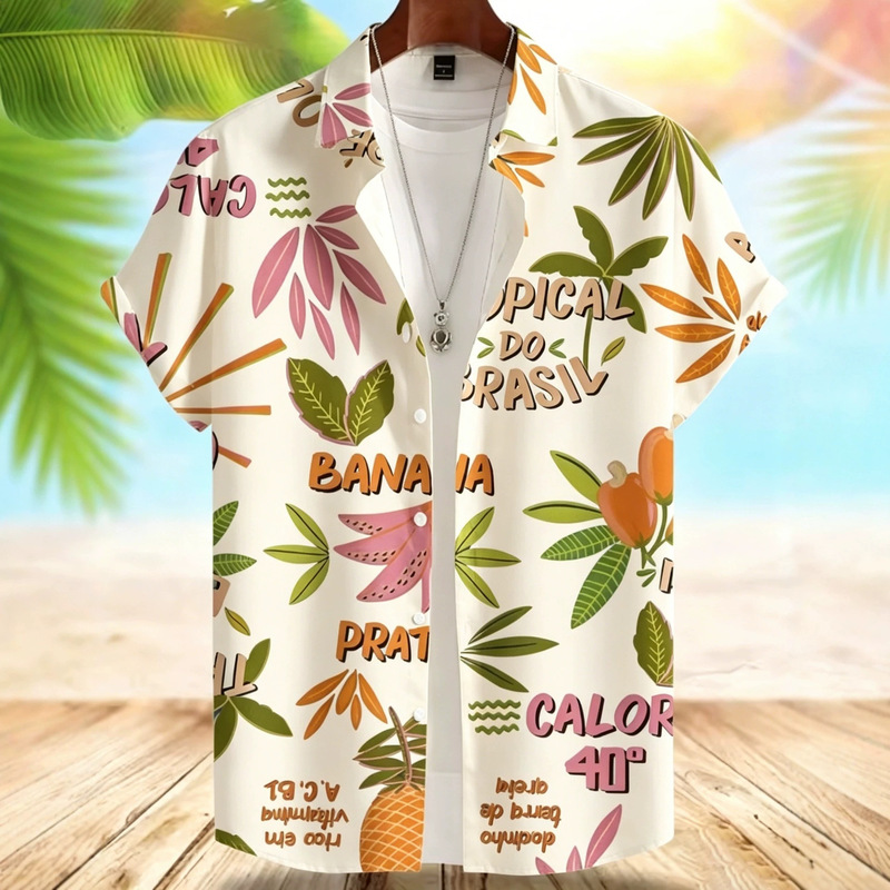 Brazilian Style Tropical Print Shirt Men's Breathable Loose-Fitting Vacation Style Casual Short-Sleeved Floral Shirt Brazilian Style Tropical Print Shirt Men's Breathable Loose-Fitting Vacation Style Casual Short-Sleeved Floral Shirt