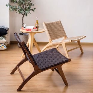Saddle Chair Nordic Solid Wood Retro Single Sofa Japanese Style B&B Hotel Leisure Rope Chair Back Chair Rattan Chair