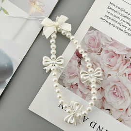 新款手机挂绳短款女创意蝴蝶结珍珠链手机壳挂链配件DIY包包装饰